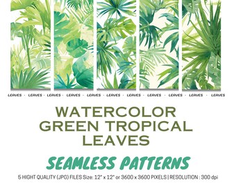 Watercolor Green Tropical Leaves seamless graphics instant download for commercial use
