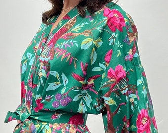 Kimono-Robe, Morgenmantel-Frauen, Braut-Robe, Frauen-Hausmantel, Baumwoll-Morgenmantel, plus Kimono, tropische grüne Kimono-Robe,