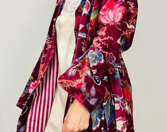 Velvet Kimono Robe | Womens Cotton Lined Dressing Gown | Velour House Coat | Luxury Loungewear For Her | Burgundy Evening Jacket | Christmas