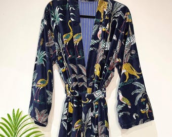 Velvet Kimono Robe | Womens Cotton Lined Dressing Gown | Velour House Coat | Luxury Loungewear For Her | Navy Blue Evening Jacket | Handmade