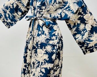 Kimono Robe, Morgenmantel Frauen, Bräute Robe, Hausmantel der Frauen, Hausmantel aus Baumwolle, Sommer Robe, blaue Kimono Robe, Strand Cover Up