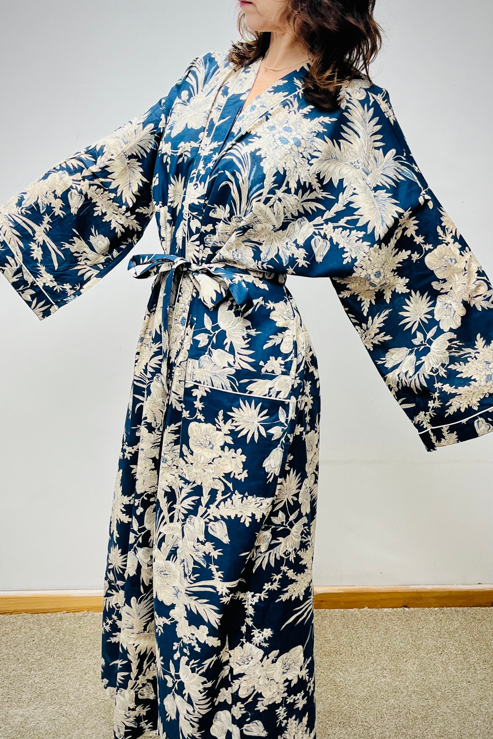 chinese dress ladies Block Print Cotton Kimono Dressing Gown – From The Source main image 0