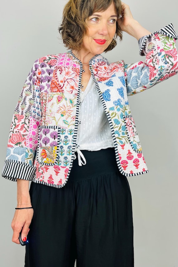 Handmade Quilted Patchwork Cotton Jacket: Colorful Indian Shacket