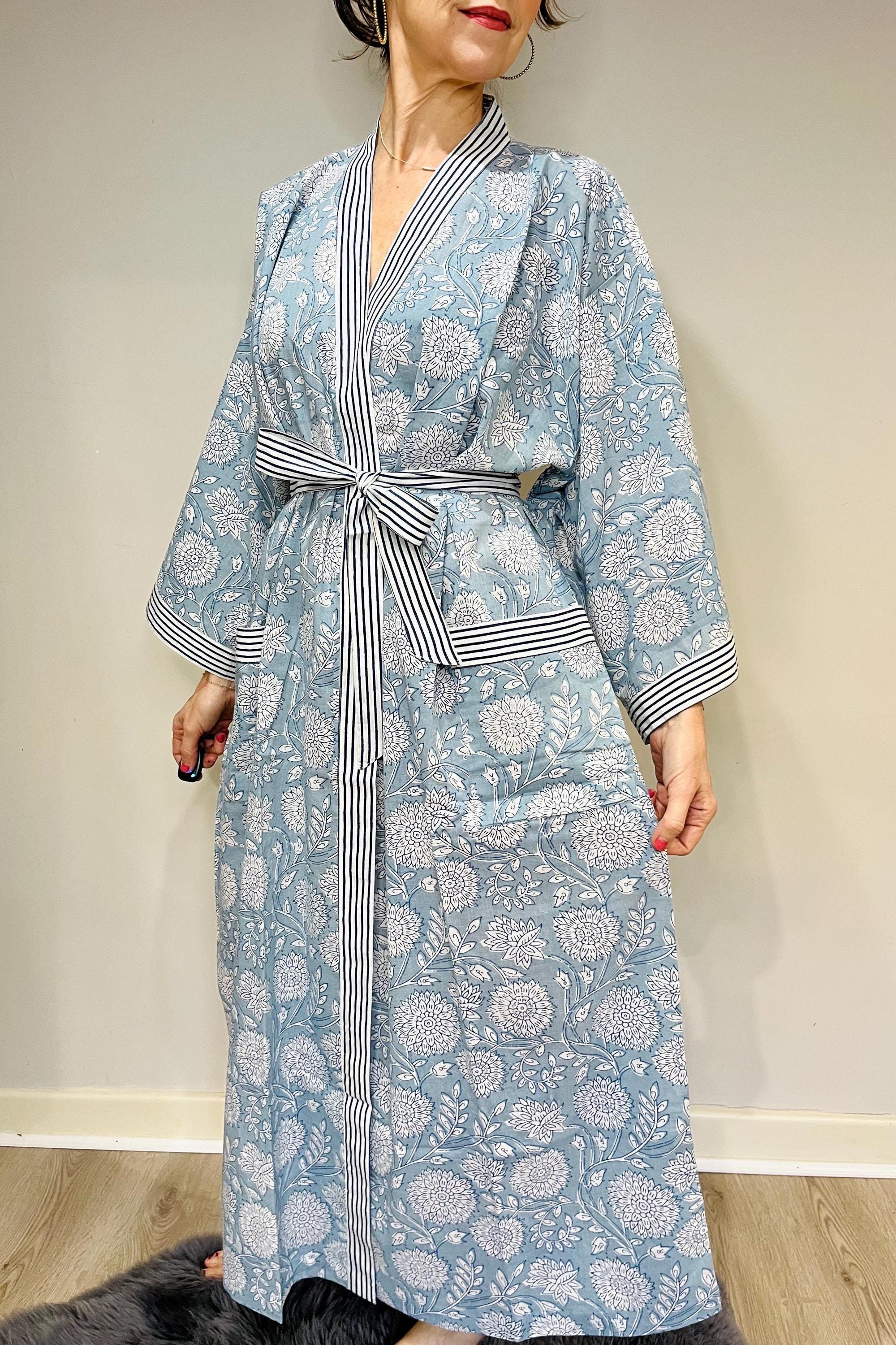 ladies cotton kimono dressing gown uk Cotton Kimono Robe | Plus Size Dressing Gown | Women's Loungewear | Beach  Cover up | Wedding Party Bridal Gift | Handmade for Her | Blue
