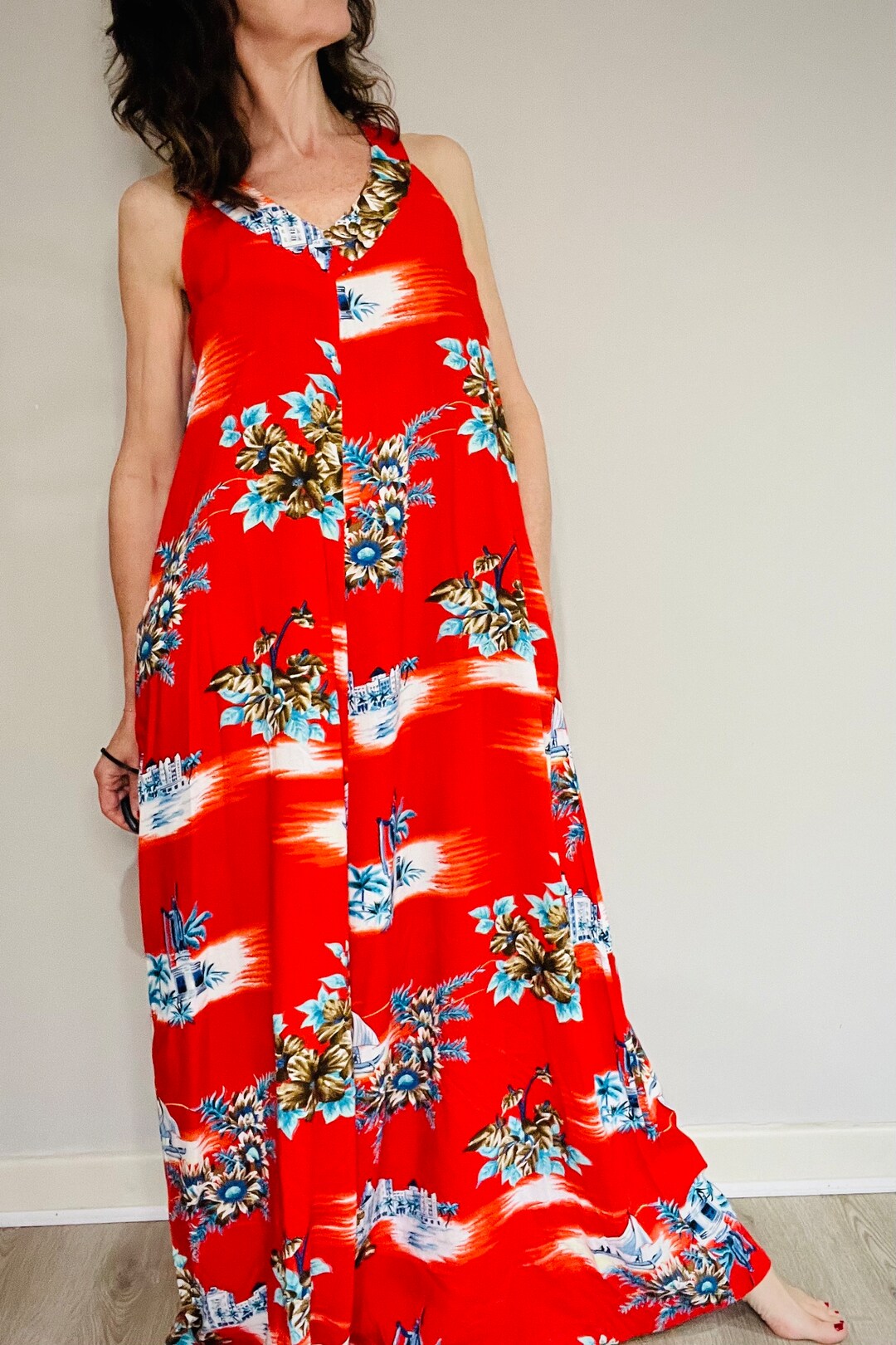 Vintage Summer Dress, Hawaiian Inspired Floral Dress, Red Beach Dress ...
