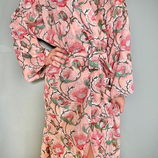 Kimono Robe, Dressing Gown Women, Brides Robe, Womens Dressing Gown, Cotton Dressing Gown, Summer Robe, Pink Kimono Robe, Beach Cover Up