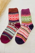 2 Pairs Wool Socks For Her | Nordic Style Ankle Socks | Fits UK Size 4- 8 | Scandi Style Walking Socks | Fun Holiday Loungewear