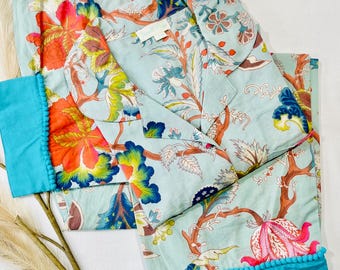 Floral Cotton Pajama Set: Blue Jaipur Print with Pom-Pom Trim
