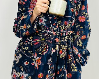 Velvet Kimono Robe | Womens Cotton Lined Dressing Gown | Velour House Coat | Luxury Loungewear For Her | Navy Blue Evening Jacket | Handmade