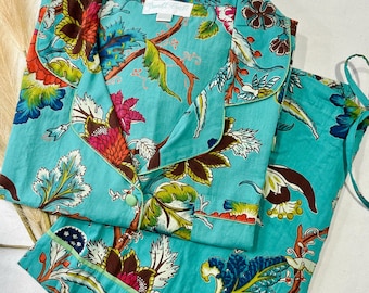 Womens Cotton Short Pyjama Set: Teal Exotic Floral Print