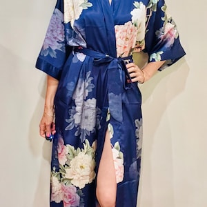 Kimono Robe, Japanese Dressing Gown, Luxury Satin Robe, Bridesmaid Robe, Womens Dressing Gown, Dressing Gown, Summer Robe, Plus Kimono, Blue