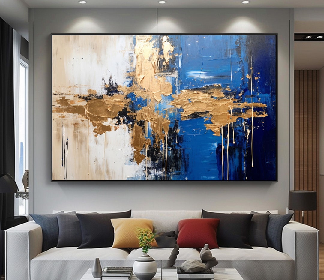 Dark Blue, Gold, White, Beige, Minimalist, 100 Hand Painted, Textured