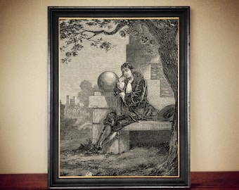 Sir Isaac Newton bajo un manzano - Grabado del siglo XVII - Arte científico vintage - Decoración de pared de física en papel o lienzo hecho a mano n.° 341