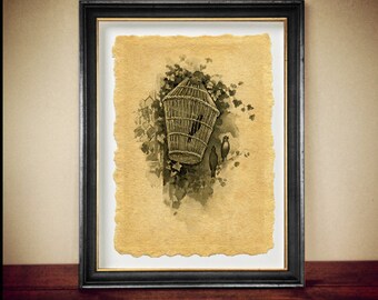 Birdcage Print on Handmade Aged Paper, Bird Lover Gift #145