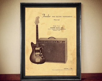 Vintage 1960 Fender Guitar Price List Poster, Rock n Roll Print #305