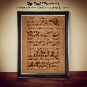 Op de afbeelding: Een ingelijst antiek drukwerk van bladmuziek met handgeschreven noten. De muziek is in zwarte inkt op crèmekleurig papier. De lijst is zwart met een gouden rand.