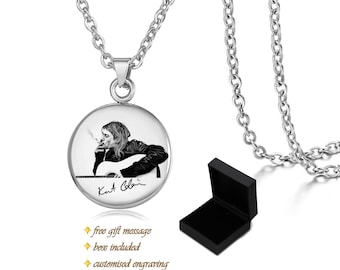 Kurt Cobain & Autograph, Cobain with Guitar and Cigarette Pendant, Grunge Rock Jewelry, Guitar Necklace, Stainless or Gold Plated, Gift #M49