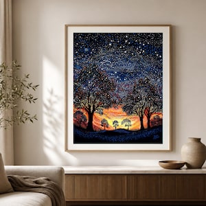 Dreaming Under the Sunset Aboriginal-Inspired Landscape Printable Wall Art image 1