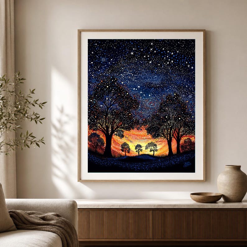 Dreaming Under the Sunset Aboriginal-Inspired Landscape Printable Wall Art image 1