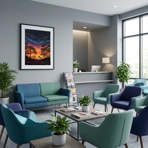 May include: A waiting room featuring a two-tone blue and green sofa, several matching armchairs, and a central coffee table. A framed landscape print of a starry night sky hangs on the gray wall. Potted plants and a magazine rack are present.