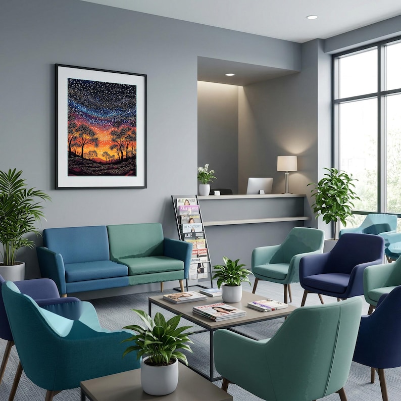 May include: A waiting room featuring a two-tone blue and green sofa, several matching armchairs, and a central coffee table. A framed landscape print of a starry night sky hangs on the gray wall. Potted plants and a magazine rack are present.