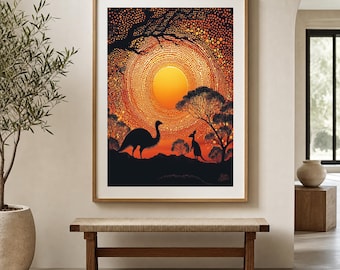 Emu and Kangaroo Sunset Aboriginal-Inspired Australian Wildlife Printable Wall Art