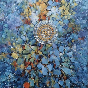 May include: Abstract artwork featuring a central spiral design in yellow and white, set against a backdrop of blue, yellow, and orange shapes. The painting uses a dot-painting technique, creating a textured effect and a sense of depth and movement.