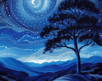 Bunya Night Sky Crescent Moon Dot Art Celestial Wall Art by Robin Custance