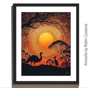 Dreamtime Sunset Emu and Kangaroo Australian Aboriginal Dot Painting by Robin Custance