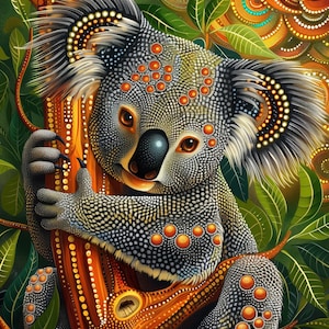 May include: A detailed illustration of a koala bear clinging to a tree trunk. The koala has a grey and white spotted pattern with orange accents. The tree and surrounding foliage are vibrant green and orange.