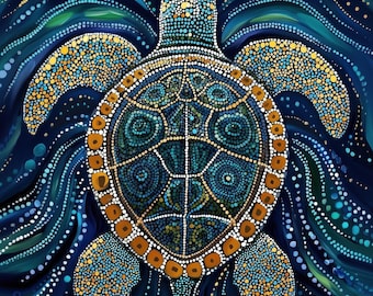 Sea Turtle Totem Dreamtime Dot Art Jade Turquoise Wall Art by Robin Custance