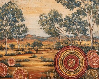 Outback Gum Trees Landscape Print | Australian Aboriginal Dot Art Wall Art Digital Download