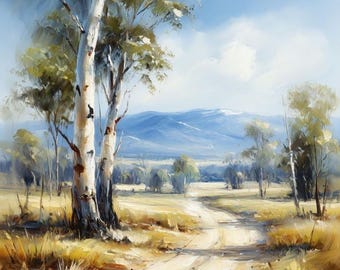 Eucalyptus tree lined path Landscape Painting | Australian Outback Wall Art Digital Download
