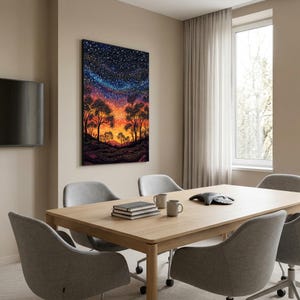 May include: A rectangular wall art print featuring a vibrant landscape at twilight. The scene depicts silhouetted trees against a gradient sky transitioning from deep blue with white stars to a bright orange and yellow horizon above dark terrain.
