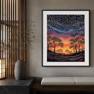 Starry Outback Trees, Colourful Australian Night Printable Wall Art image 1