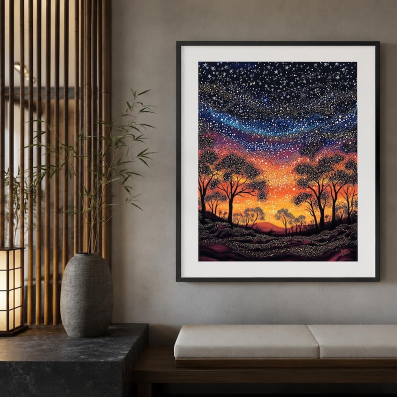 Starry Outback Trees, Colourful Australian Night Printable Wall Art image 1