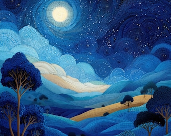 Bunya Night Sky Full Moon Dot Art Celestial Mountain Wall Art by Robin Custance