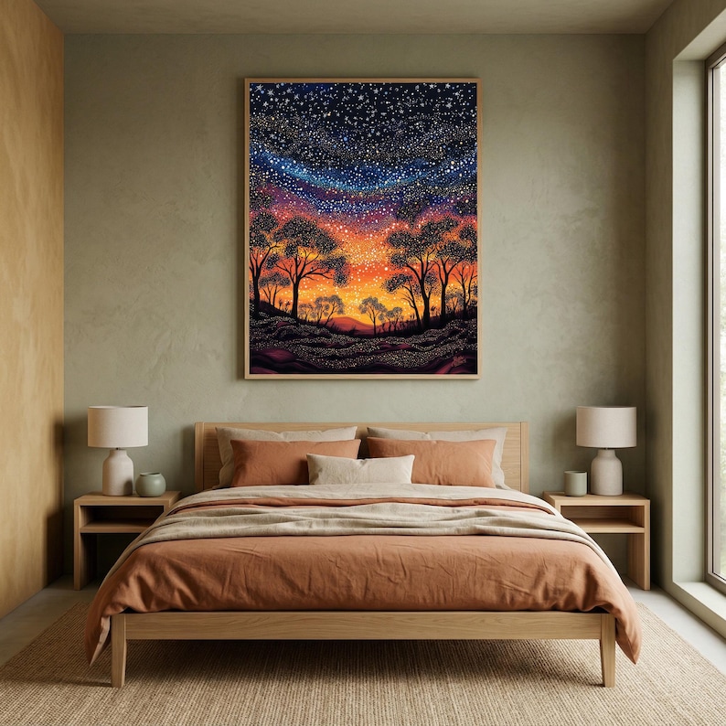 May include: A rectangular wall art print featuring a vibrant night sky filled with countless white stars above a silhouette of trees. The horizon glows with warm orange and yellow hues, transitioning into deep blues and purples at the top.