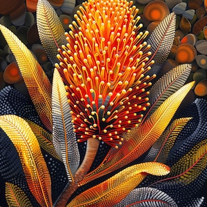 Pode incluir: Ilustração estilizada de uma flor de Banksia. A flor central é de um vermelho-alaranjado vibrante, rodeada por folhas douradas e amarelas com intrincados padrões de pontos. O fundo apresenta uma superfície escura texturizada com formas de seixos.