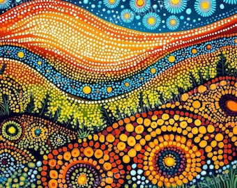 Sunrise Dreaming | Aboriginal Vibrant Landscape Dot Painting | Download Digital Wall Art by Robin Custance