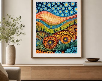 Starry Outback Hills Aboriginal-Inspired Australian Landscape Printable Wall Art
