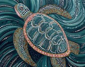 Aboriginal Sea Turtle Art Print, Indigenous Ocean Wall, Coastal Dot Painting by Robin Custance