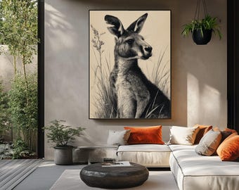 Old Man Pa Kangaroo Sketch Portrait, Monochrome Australian Printable Wall Art