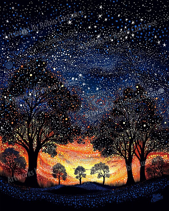 Dreaming Under the Sunset Aboriginal Dot Painting High-Resolution Digital Artwork by Robin Custance