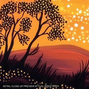 May include: A digital art print featuring a dark silhouette of a tree against a vibrant orange and red sunset sky. The scene includes scattered light-colored circular bokeh or star-like dots and dark grassy foreground elements with text at the bottom.