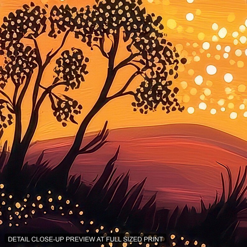 May include: A digital art print featuring a dark silhouette of a tree against a vibrant orange and red sunset sky. The scene includes scattered light-colored circular bokeh or star-like dots and dark grassy foreground elements with text at the bottom.