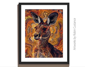 Kangaroo Portrait in Earthy Dots, Aboriginal-Inspired Printable Wall Art