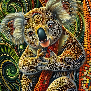 May include: A vibrant painting of a koala bear, featuring a smiling expression. The koala is adorned with yellow and orange dot patterns, with a black nose and brown eyes. The background is a mix of green, orange, and yellow patterns.