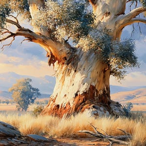 May include: A large eucalyptus tree with a thick, textured trunk featuring white and reddish-brown bark. The tree has sprawling branches with silvery-green leaves, set in a dry, golden-grass landscape with distant rolling hills under a soft sky.
