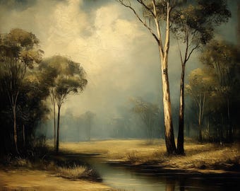 Still Water Tall Gums Australian Landscape Print | Outback Bush Scene Digital Download Artwork